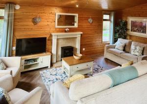 a living room with couches and a tv and a fireplace at Pant Wilkin Lodges And Equestrian Centre in Cowbridge