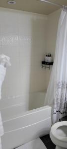 a white bathroom with a tub and a toilet at Smart Stylish Downtown Condo- 2 bedrooms in Saskatoon +58 photos