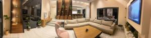 a living room with a couch and a tv at Sea-side Mountain Villa in Iraklitsa