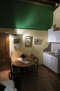 a kitchen with a table and a green wall at Can Salgueda in Santa Pau