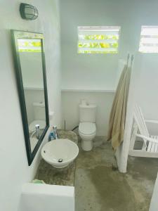 uma casa de banho com um WC, um lavatório e um espelho. em Banana Bay Beach Club em Eton