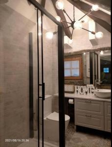 a bathroom with a shower with a toilet and a sink at Casa Flores del Mediterráneo in Badalona