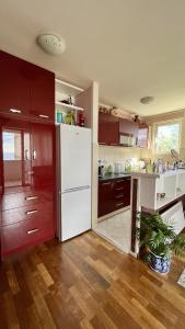 een keuken met een witte koelkast en rode kasten bij Lisa sea view in Petrovac na Moru