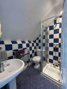 a bathroom with a toilet and a sink and a shower at 7hopgrove in York