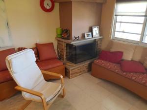 una sala de estar con un sofá y una chimenea en Farma Tsalta Olympus Larisa, en Pyrgetós