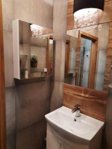 a bathroom with a sink and a mirror at Urocze Mieszkanie 1 z parkingiem in Katowice