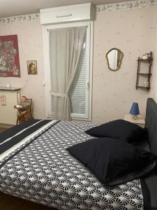 1 dormitorio con 1 cama en blanco y negro y ventana en Appartement spacieux Gentilly, en Gentilly