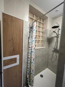 a bathroom with a shower with a shower curtain at L'évasion arrageoise 58 m² in Arras +22 photos