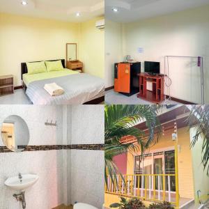 eine Collage mit Bildern eines Zimmers mit einem Bett und einem Waschbecken in der Unterkunft Thippawan Bungalow in Ko Si Chang
