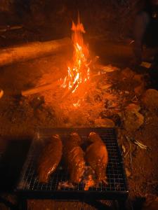 una parrilla con dos alitas de pollo y un fuego en Papathi farm house, en Kodaikanal