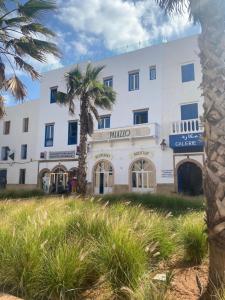 a white building with a palm tree in front of it at Le Palazzo in Essaouira