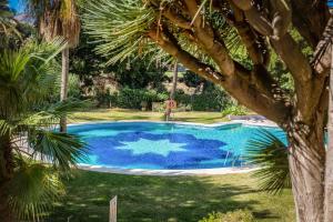 una gran piscina azul en un patio con un árbol en Benalmádena Marina Golf Appartement - Casa Valk, en Benalmádena