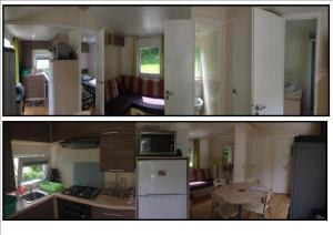 two pictures of a kitchen and a living room at Camping Happy Pyrénées in Saligos