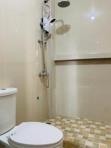 a bathroom with a toilet and a shower at Villa Malinao Oceanview Resort- Superior Bungalow in Burgos