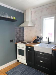 uma cozinha com um lavatório, um fogão e uma janela em Villa Stuga em Hammarstrand