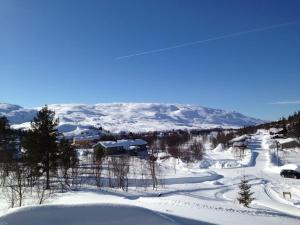 a snow covered town with mountains in the background at Kleiva 8 Skorovas in Namsskogan
