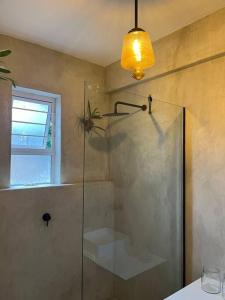uma casa de banho com um chuveiro e uma porta de vidro em AfroJapandi Apartment em Durban