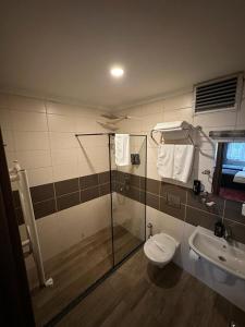 a bathroom with a shower and a toilet and a sink at New Akçaabat Hotel in Akcaabat