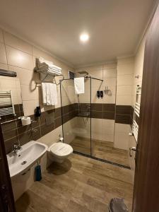 een badkamer met een toilet, een wastafel en een douche bij New Akçaabat Hotel in Akcaabat