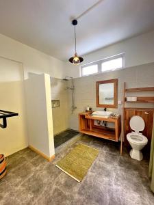 a bathroom with a toilet and a sink and a mirror at L'oiseau vert apartments in Rodrigues Island
