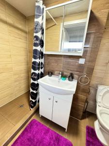 een badkamer met een wastafel, een toilet en een spiegel bij Gästehaus EMELI in Lutherstadt Eisleben