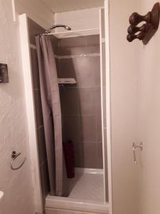 a shower with a glass door in a bathroom at Gîte les romarins in Le Thoronet