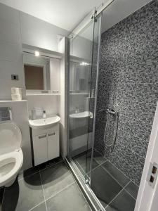 a bathroom with a shower and a toilet and a sink at Viewpoint in Belgrade