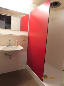 ein Badezimmer mit einer roten Schiebetür neben einem Waschbecken in der Unterkunft vakantiehuis Veerse Meer met grote privétuin in Kamperland