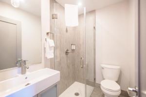 a bathroom with a shower and a toilet and a sink at Calista Organic Hotel in San Francisco