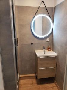 a bathroom with a sink and a mirror at Charmant studio à 2 pas du tram in Nantes