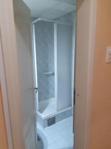 Un baño con ducha con puerta de cristal en Apartman JELENA M Vrnjačka Banja, en Vrnjačka Banja