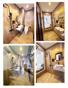 three pictures of a bathroom with a shower and a sink at Legacy Phú Quốc in Phú Quốc