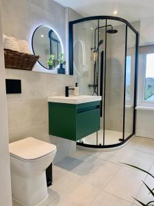 a bathroom with a shower and a toilet and a sink at Blas at Fronlas Café - The heart of Newport in Newport Pembrokeshire