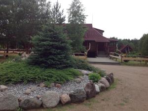 a garden with a pine tree and rocks in front of a building at Globepark in Mažonai