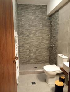 ein Badezimmer mit einem weißen WC und einer Dusche in der Unterkunft Πέτρινη Αγροικία 2 Stone Manor 2 in Kastraki