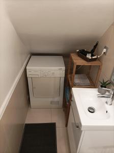 uma pequena casa de banho com um lavatório e uma máquina de lavar roupa em Grand Studio, Parking privé, Cuisine séparée em Cannes