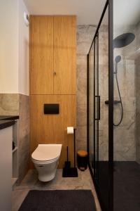 La salle de bains est pourvue d'une douche et de toilettes. dans l'établissement Apartament przy rondzie Piłsudskiego z garażem, à Nowy Sącz