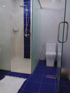 a bathroom with a shower and a toilet with blue tiles at Koh Ker Temples Garden Hotel and Restaurant in Phumĭ Mréch