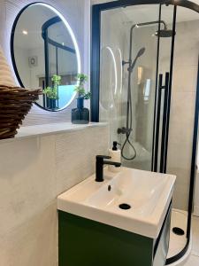 a bathroom with a sink and a shower with a mirror at Blas at Fronlas Café - The heart of Newport in Newport Pembrokeshire