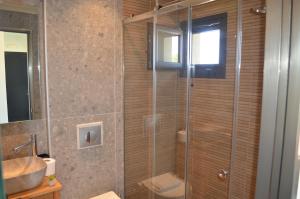 a bathroom with a shower and a sink at Rastoni RQD 4 in Arkoudi +9 photos