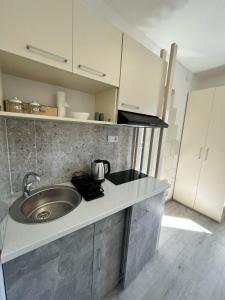 a kitchen with a sink and a counter top at STR Apartment in Tivat