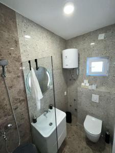 a bathroom with a sink and a toilet and a mirror at STR Apartment in Tivat