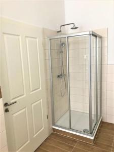 a shower with a glass door in a bathroom at Wohnen auf Zeit Wohnung 05 in Jüterbog