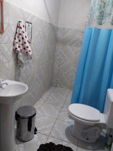 a bathroom with a toilet and a blue shower curtain at Suíte BOTOS DE ALTER in Alter do Chao