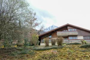 a house on a hill with a mountain in the background at Mariposa Spiez in Spiez