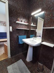 La salle de bains est pourvue d'un lavabo et d'un miroir. dans l'établissement Belle chambre d'hôtes avec petit déjeuner chez Phil et Isa, à Nérac