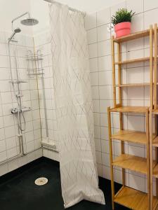 a shower curtain is hanging in a bathroom with a showeroser at Cool and light 2 room apartment in SoFo in Stockholm