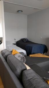uma sala de estar com um sofá e uma cama em City Apartment Päiviönkatu em Iisalmi