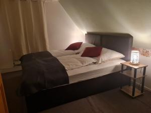 1 cama con 2 almohadas rojas y mesa en Pension Hagzissa, en Laubhütte