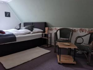1 dormitorio con 1 cama, 1 silla y 1 mesa en Pension Hagzissa, en Laubhütte